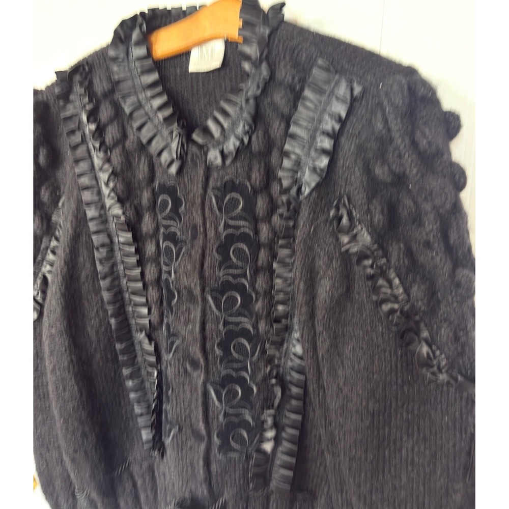 Madeleine Italy Black Kid Mohair Ruffle Satin Trim Embroidered Cardigan 40/42 M - Picture 3 of 5